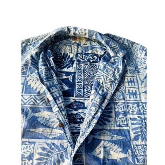 Hilo Hattie Mens Sz Large Blue White Tropcial Reverse Print Button Up Shirt Fish - Picture 4 of 9